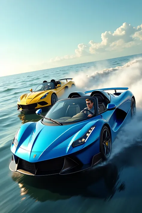 Create the white batman riding a blue sportscar on the sea area, the spiderman in black glossy costume, riding a yellow sportscar on the sea area, realistic. 