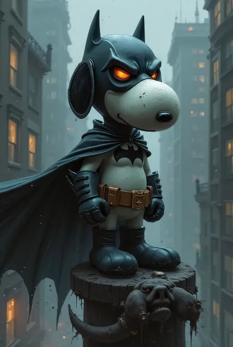 Generate a snoopy with an evil face characterized by Batman, con mascara, cape and boots , standing on a gargoyle, bottomless