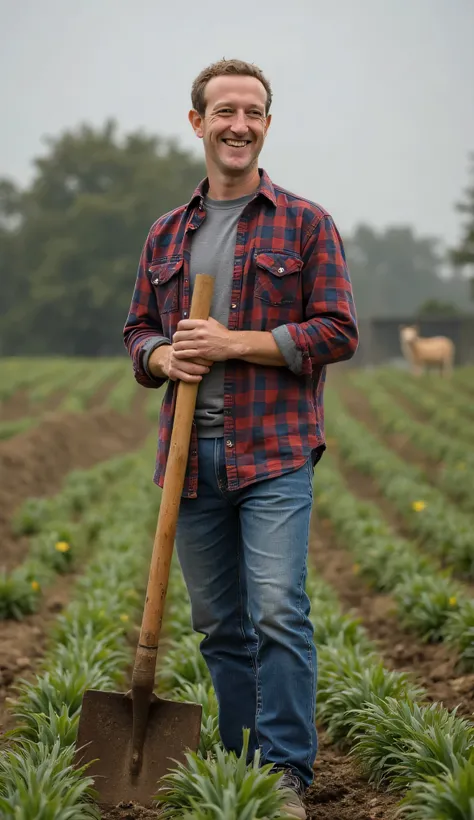 and Mark Zuckerberg on a farm, wearing simple clothes, like a plaid shirt and jeans, holding a hoe with his hands. He would be smiling at the camera, with a rural setting in the background, like plantations, trees and maybe even some animals. The contrast ...