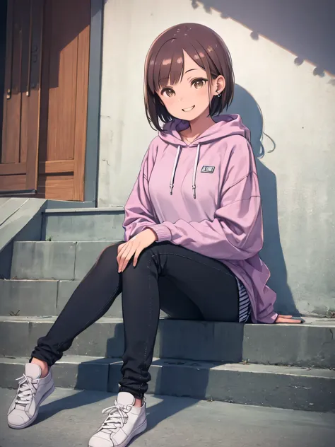 highest quality, Realistic, Very detailed, Finer details, High resolution, 8k wallpaper, One beautiful woman,Sit on the stairs、 Oversized hoodie, Skinny jeans, White sneakers、Wear black socks、 Shiny brown hair, short hair, Brown eyes、smile、 ear piercing、sm...