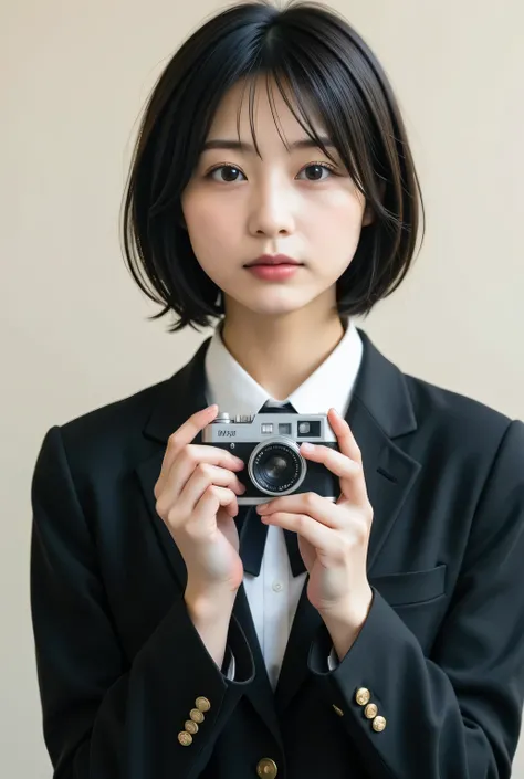 Retro female student monochrome photo:1.331, by Nomi, Beautiful Japanese woman's face, presenting a retro camera with both hands:1.5, front view :1.37, Black and White Photography:1.37, Black and White Photography:1.37, Very by Nomi photos, standing, ...