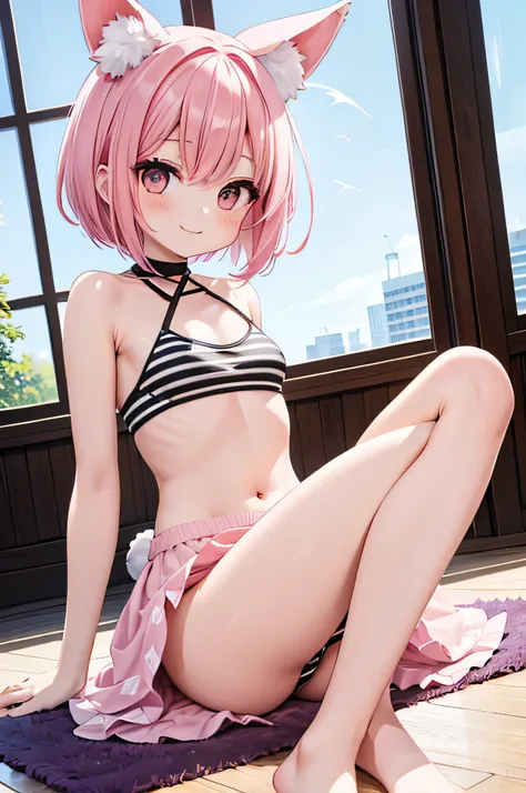 The breast size is smallest and flat like a boy.

She wears a bunny girl outfit with pink and black striped prints.
Her head has cat ears and a long tail sticks out of her butt.
She sits on the floor, lifting one leg up and stretching forward.

An anime-st...