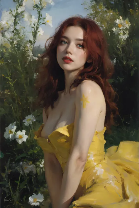 (oil painting:1.5),
\\
a woman with (red long curtly hair ), ((green eyes)) ain a field of  flowers, (amy sol:0.248), ophelia, nude , with yellow dress,  (stanley artgerm lau:0.106), (a detailed painting:0.353), (gothic art:0.106)