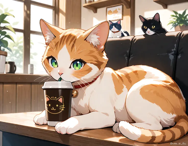 (masterpiece), (best quality), (ultra-detailed), cat cafe, cat focus,drinking cat, no human
