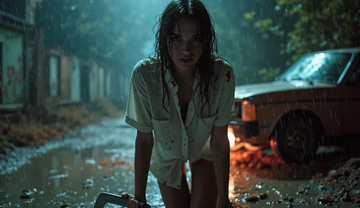 a young beautiful woman in a wet white shirt with drops of blood stands on all fours in the rain and holds a knife in her hand, against the backdrop of a broken car at night. highly detailed photograph simulating Kodak 120 PORTRA film, shot with a Canon EO...