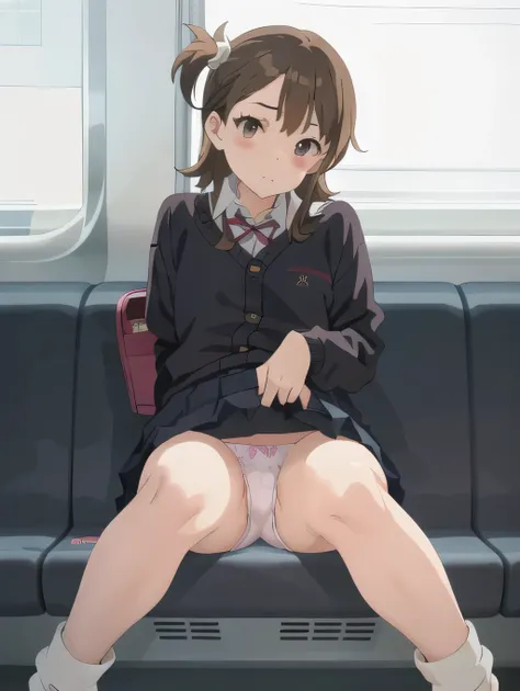 ３ girls ,Summer clothes、  Sitting on a train seat 、 embroidered panties 、  lace panties、 Loose Socks、  sneakers 、   Viewer,  pencil miniskirt  , bangs, TOP QUALITY , masterpiece,