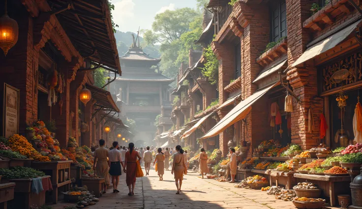 The atmosphere of an ancient market in Southeast Asia. The walls of the building are made of red bricks without plaster. The building is stacked full of merchandise. The viewpoint of the image is from below.