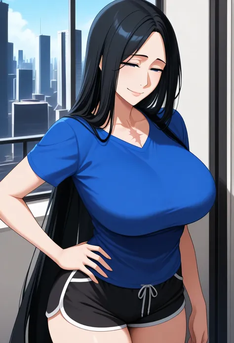 obra maestra,  the best quality, 1 girl, Alone ,  yach1ru ,  Black hair,  Very long hair,  dark blue eyes ,   big breasts,  chest scar ,  blue t-shirt,  black shorts,  dolphin shorts,  looking at the spectator ,  squinting eyes ,  Smile,   mature woman,  h...