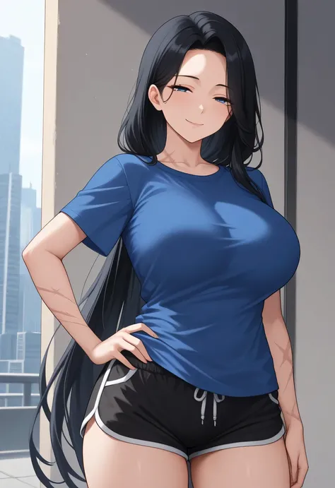 obra maestra,  the best quality, 1 girl, Alone ,  yach1ru ,  Black hair,  Very long hair,  dark blue eyes ,   big breasts,  chest scar ,  blue t-shirt,  black shorts,  dolphin shorts,  looking at the spectator ,  squinting eyes ,  Smile,   mature woman,  h...