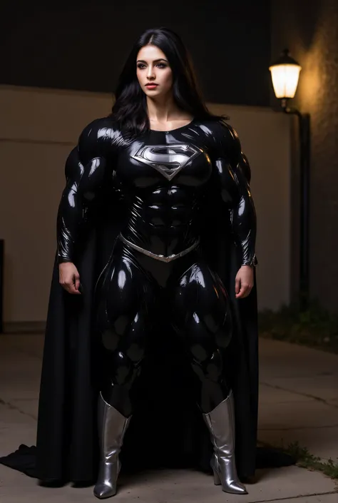 (((SHOWING OFF HER PERFECT HARD ASS)) SUPERGIRL TRYING-ON HER GLOSSY black SUPER SUIT FOR THE VERY FIRST TIME (((her super suit is stretched to its limits, by her gigantic bulging muscles))) she is outside at night. she has black hair.  she is flexing her ...