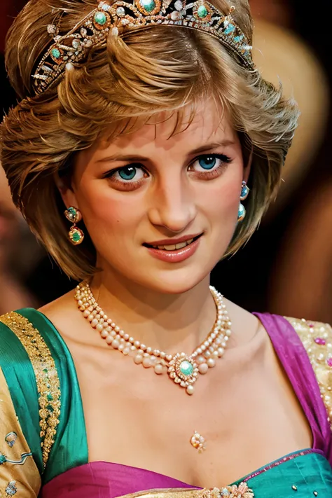 Princess Diana (((exact face of Princess Diana))) adorned in a vibrant lehenga choli set, round deep navel, eyes symmetry, face symmetry, HDR, bold and rich colors, intricate embellishments, and festive accessories for a celebratory look, HDR