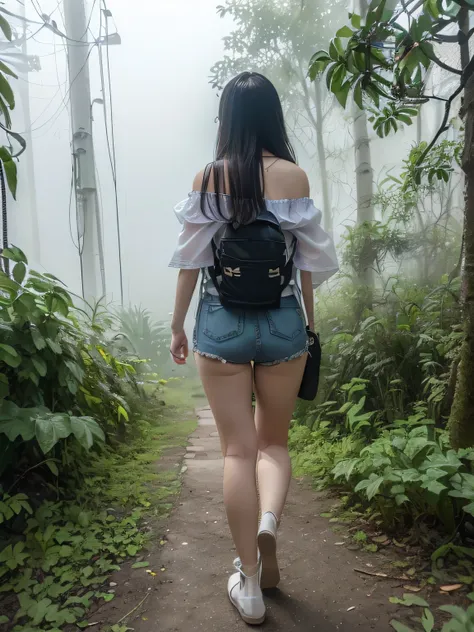  VERY WELL DETAILED CG Unity 8K Wallpaper、 Top quality, beautiful eyes 、 very well detailed、  masterpiece、reality、reality、 very well detailedなかわいい女の子、((  misty jungle  :1.5))、((in thick fog :1.5))、((  hiking with a backpack  :1.5))、(( taken from behindした高解...