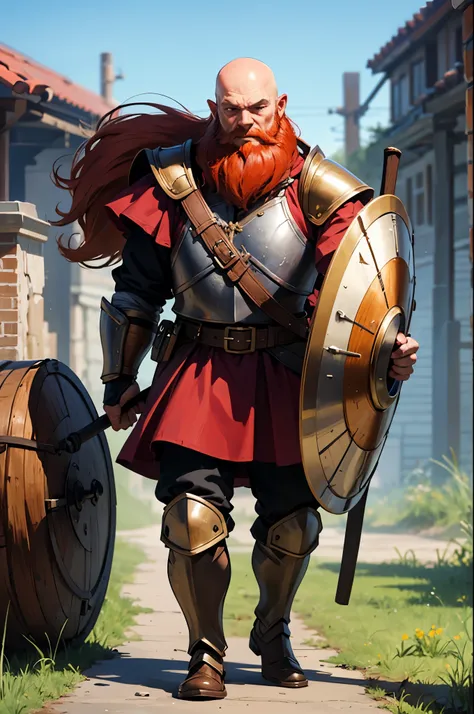 1man, dwarf, bald, big red beard, ax, shield, armor, ultra high quality, masterpiece, 8k