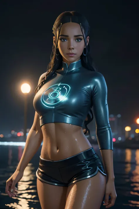 A beautiful katara with wavy hair and attractive eyes , tudo  detaileds , Thick and sexy legs , Wearing tiny T-shirt shorts in the beautiful futuristic cyberpunk city , mistborn, wet, raining,  Best Quality Masterpiece ,  realistic photo,  detailed, 8k, HD...