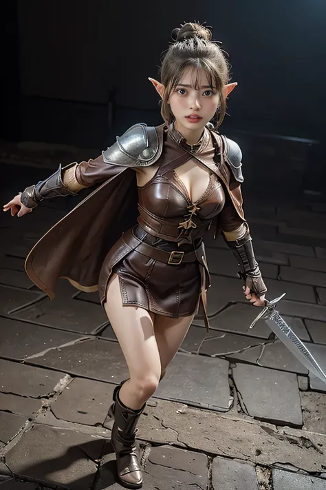 8k, Female Adventurer from Another World、((  full body shot :1.5))、((Girl in leather armor:1.4))、(( elf girl :1.5))、(( pointed ears:1.5))、(( Woman with One Bun Hair :1.4))、  blue eyes、((Woman Threatening with a Dagger:1.5))、(( brown leather mini skirt :1.4...