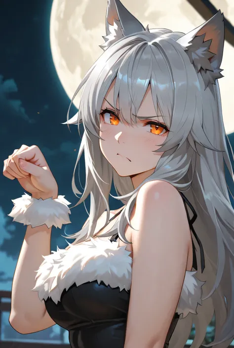 beautiful girl, long gray hair, cinematic shot, attractive, top quality, masterpiece, annoyed face, orange eyes, fur two-piece top, wolf ears, cat paw pose, full moon background