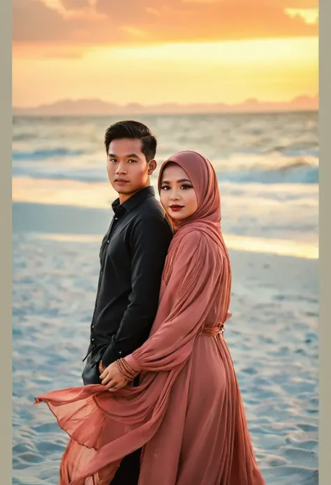 a man and woman standing on a beach at sunset, lovely couple, couple pose, with sunset, during sunset, couples portrait, couple portrait, couple, taken at golden hour, romantic couple, posing on a beach with the ocean, happy couple, on the beach during sun...