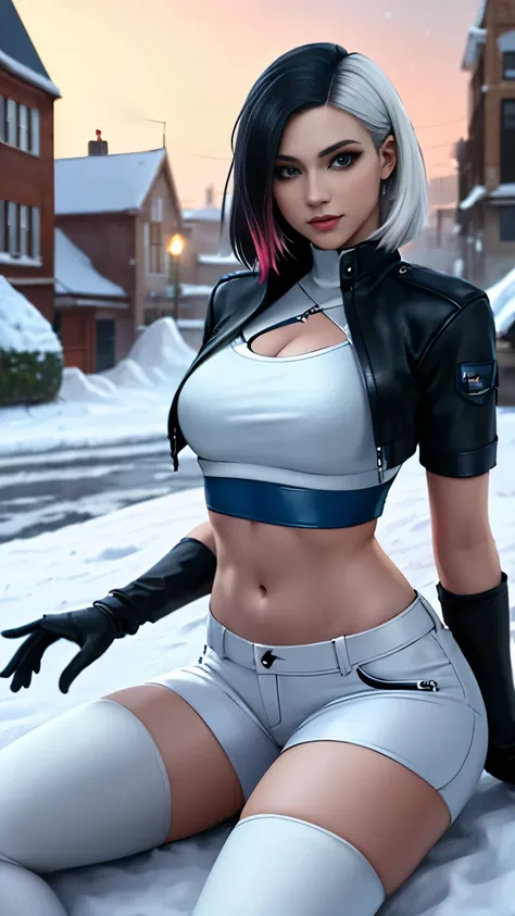(Highly quality, masterpiece, detailed), night snowing city detailed scenario, night snowing city detailed background, 20 years old girl, solo, luna_snow, happy faces, black hair, white hair, multi-colored hair, short hair, blue eyes, white eyes, multicolo...