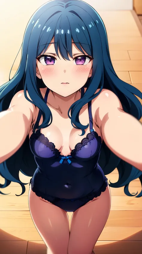 (masterpiece, best quality, high resolution, 8k:1.2),anime art style, nozaki yuu,anime, girl１people, (small breasts), (narrowed eyes, eyes half-closed, jitome, rolling eyes :1.2), (eye light: 1.2), closed mouth, blue hair, very long hair, (wavy hair:1.2), ...