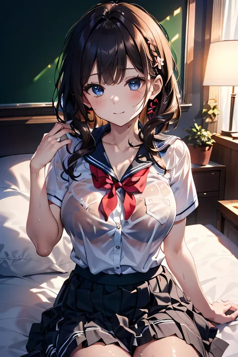 ((( Woman Lying on Bed )))、 highlight breasts、((( school uniform:1.3)))、  Open White Shirt Wearing Tiny White Shoes  、((( Fitted Checkered Skirt :1.7)))、(Reddish brown wet shiny hair)、( floral 編み込みカチューシャ、 half up、 floral ,),(Space Blade、Voluminous fishtail...