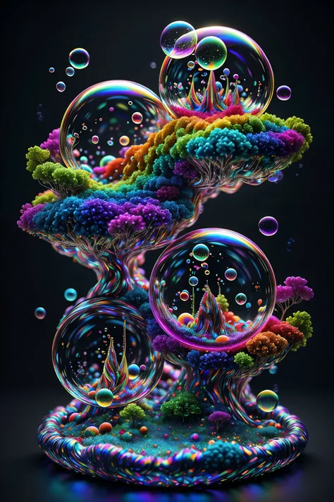 A close up of beautiful bubbles floating on top of each other, LSD, DMT imagery. octane render, psychedelic droplets of water, abstract liquid, and intricate rainbow art. octane render, black 3d fluid simulation, ethereal bubbles, swirling liquids, and hi...