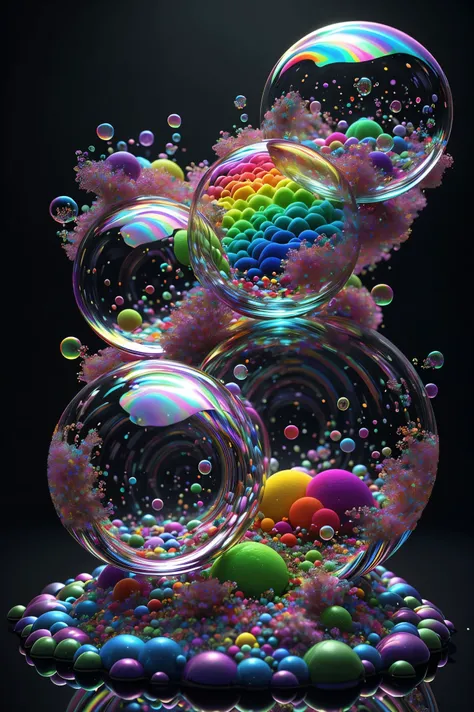 A close up of beautiful bubbles floating on top of each other, LSD, DMT imagery. octane render, psychedelic droplets of water, abstract liquid, and intricate rainbow art. octane render, black 3d fluid simulation, ethereal bubbles, swirling liquids, and hi...
