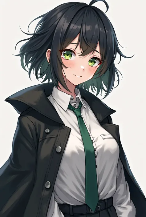 An anime-style girl with medium-short and disheveled black hair,  with green eyes,  A mature smiley face , and with a white shirt with a tie and a black trench coat as a cape