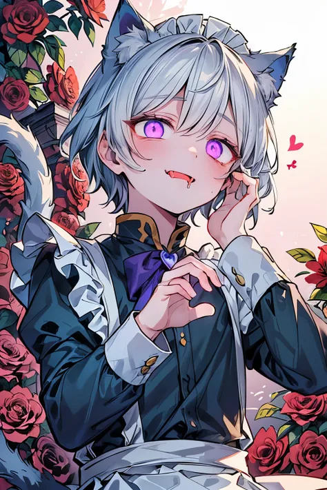 ((1-boy :1.3)),((handsome:1.2)),((adult men:1.15)),((Alone:1.1)),Very short hair,(disconnected undercut hair:1.1),(straight hair:1.15),silver hair,((Passion violet eyes:1.25)),skinny body,((heart hand on the face:1.25)),(Bikini:1.05),((eerily glowing eyes:...