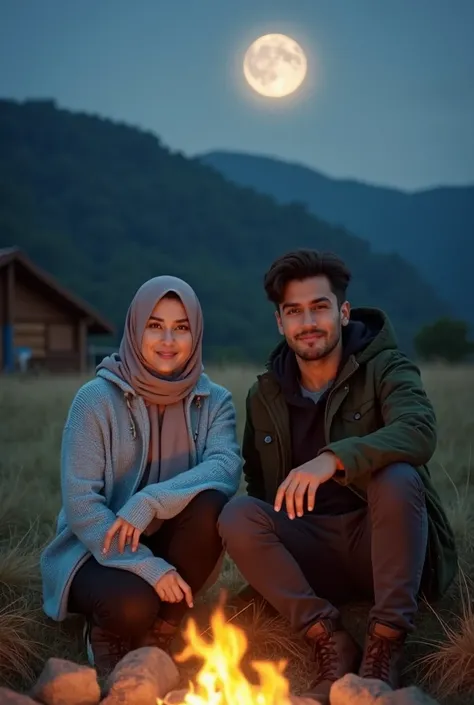 face looking to the camera, A beautiful malay woman, 30 years old, wearing a hijab with a light blue knit hoodie, black jeans, boots, sitting with a handsome man with clean face man, wearing a dark green jacket, black jeans, boots, in front of a campfire, ...