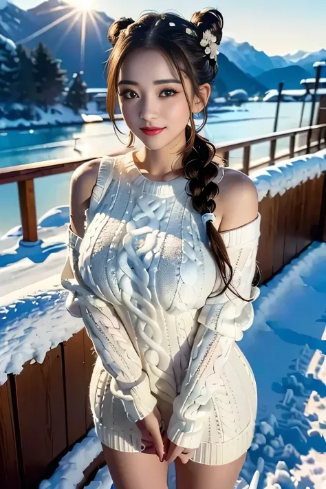 (  Make your subject look three-dimensional with the contrast between light and shadow ),(((In the background of the sunset ))),(((Standing on a snowy mountain in winter:1.3))), Cute and Beautiful Adult Woman , cute smile,  , red lips,(((  I love the off-w...