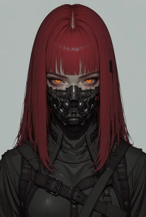  A Girl, young adult , dark style, age approximately 20 years, long straight hair with bangs ( red),  bright yellow eyes , black cyberpunk samurai mask,  take a serious look,  furrowed eyebrows, roupa Techwear,  sneakers, face, posing,  calm personality , ...