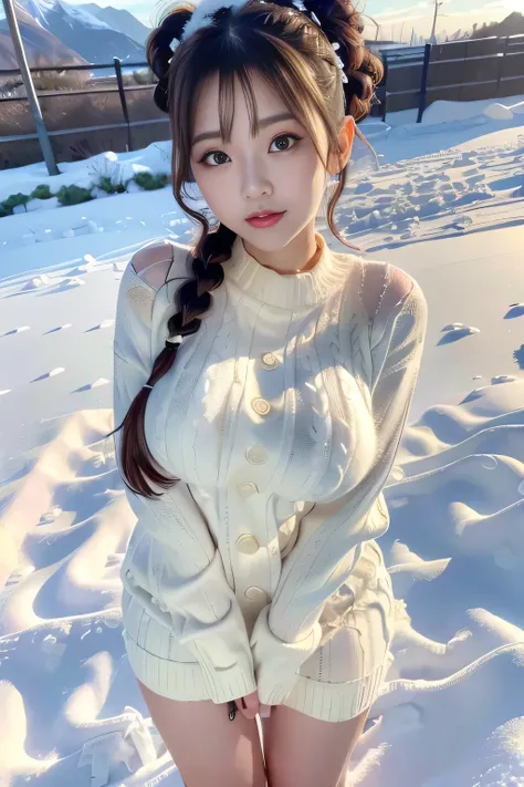 (  Make your subject look three-dimensional with the contrast between light and shadow ),(((In the background of the sunset ))),(((Standing on a snowy mountain in winter:1.3))), Cute and Beautiful Adult Woman , cute smile,  , red lips,(((  I love the off-w...