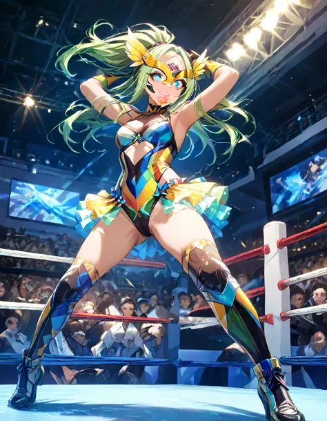 ((Best quality, 8k, Masterpiece: 1.3)), Sharp focus A beautiful woman with perfect body, Highly detailed face and skin texture, (Detailed eyes), A powerful female professional wrestler wearing a hawk-themed mask, with sharp, piercing eyes visible through t...