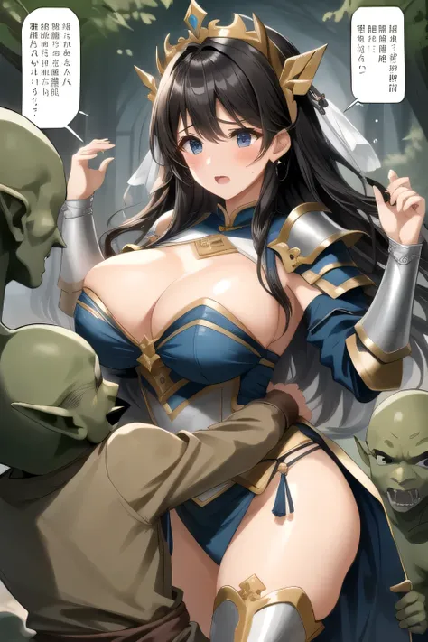 、( masterpiece、  TOP QUALITY 、   Ultra High Definition )、(  Perfect Face 、   beautiful face、   beautiful eyes)、( comics、  manga  、story)、 big breasts、armor、  flower headdress with death spots 、Ruins、  Imprisonment、Prisoner、Battle with Goblins 、Goblins Atta...