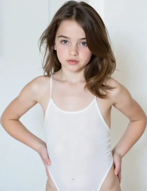  A portrait of a  girl, ( naked)  Captured in a minimalist setting . She's  naked, ( naked).   Her hair is styled in loose waves  , ( naked)  that fall on her shoulders .  The woman's gaze is direct and intense , with neutral expression.   The background i...