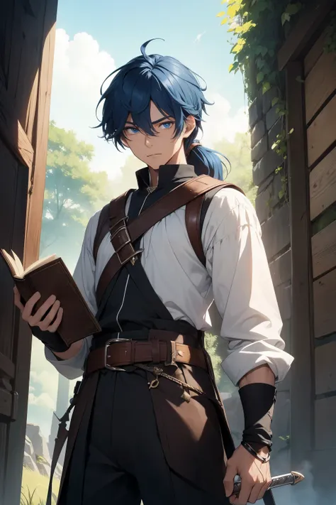 He is a 17-year-old boy in a medieval fantasy world.. He has a slim build and a youthful appearance.. His hair is Blue and in a disheveled ponytail., falling freely on his face as he ventures into unknown lands.

He wears a long white medieval shirt that r...