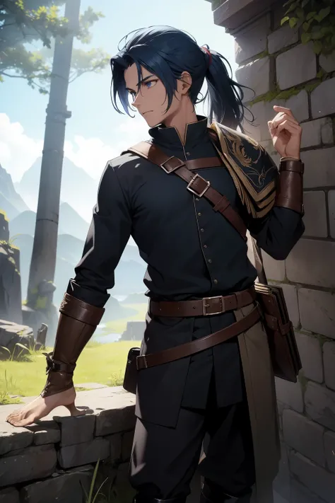 He is a 17-year-old boy in a medieval fantasy world.. He has a slim build and a youthful appearance.. His hair is Blue and in a disheveled ponytail., falling freely on his face as he ventures into unknown lands.

He wears a long white medieval shirt that r...