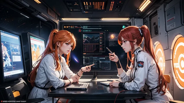 a redhead anime woman, ponytails, wearing white technologic dress with black joints and orange lights, in a space station, anime style, sen no kiseki style, intricated details, masterpiece, digital art, 8k