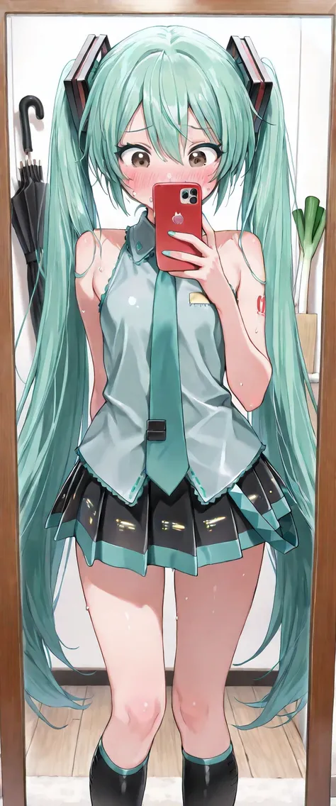 (masterpiece, Highest quality:1.3), One male , Front hair, green_hair, blush, brown_eye, bulge, Cosplay, Women, independent_sleeve, Embarrassing, eyelash, Hatsune_Miku_(Cosplay), Holding, Holding_Telephone, indoor, male_concentrated, mirror, tie, ototeeth_...