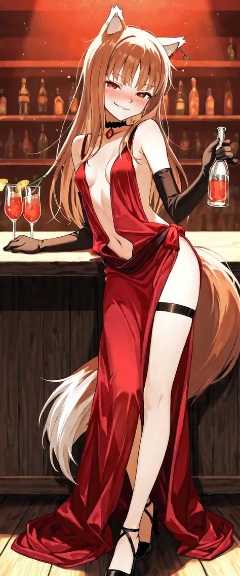 score_9, score_8_up, score_7_up, score_6_up, source anime,1girl,(holo),spice and wolf,solo,wolf girl,wolf ears,wolf tail,light, brown hair,small breasts,center opening,cleavage,navel,bare back,slim,slim legs,long hair,earings,looking at viewer,(smirk,drunk...