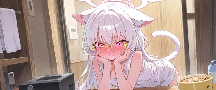 that has a fearful face, white hair, cat ears, yellow glasses and transparent super blushing pink eyes that has a towel around it and is in spaghetti and has a cat tail that is a super fearful girl