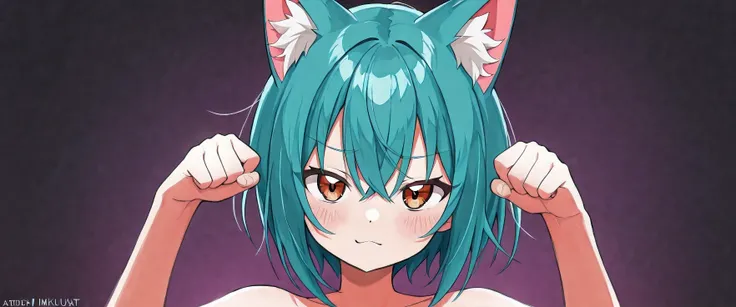 a closeup of a cartoon character with fox ears, fox girl, mikudayo, anime moe art style, Cat Mimi, short hair, anime girl with teal hair, dominant pose, portrait