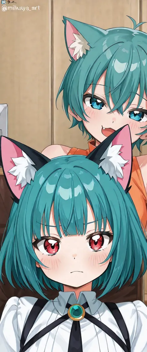 a closeup of a cartoon character with fox ears, fox girl, mikudayo, anime moe art style, Cat Mimi, short hair, anime girl with teal hair, dominant pose, portrait