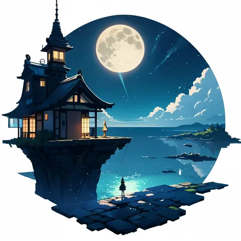      Translucent Illustration     、    Japanese anime-style illustrations    、    Small Silhouette Seen in the Distance    、  The shadow of the little witch on the broom is visible in the distance 、green、   dynamic angle 、   is amazing、 highest accuracy、  ...