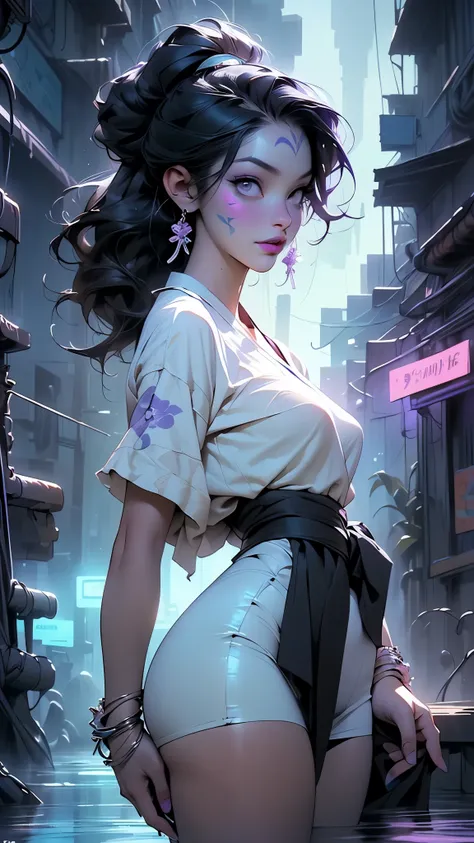 1girl, ((Black hair)), ((Kimono, Geisha)), ((heavy face makeup)), ((hair done up in a Sakkō style)), ((white face paint)), ((heavy makeup, purple eyeliner, purple lips, purple eyeshadow)),large breast:1.4,big booty,(spider lower abdomen,narrow waist,wide h...