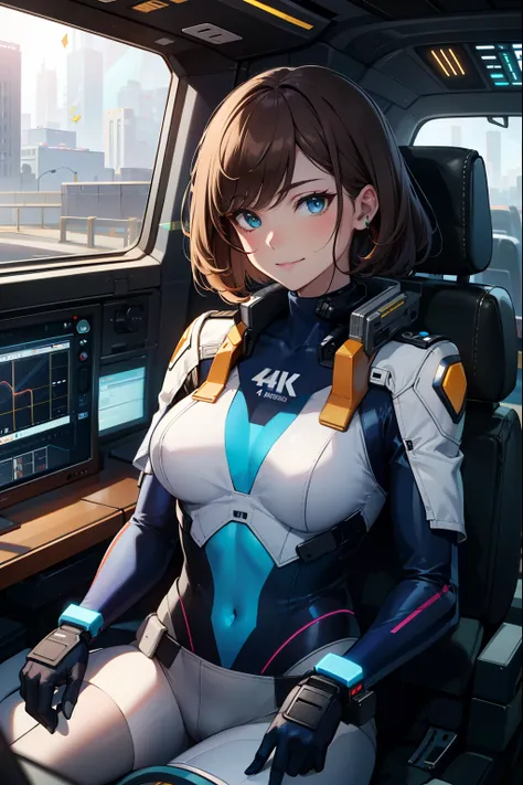 (extremely detailed CG unity 4k wallpaper),(best illustration),(best shadow),(absurdres), cockpit-pilot, cockpit, solo, pilot suit, bodysuit, science fiction, mscockpit ,holographic interface, holographic monitor, pilot chair,  British Girl, Blue eyes, Lit...