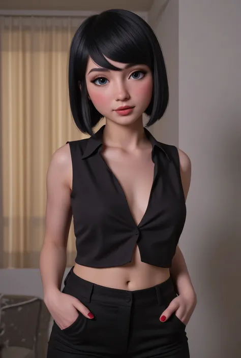 1girl, Solo, Marinette Dupaincheng in real life, High Resolution, Masterpiece, Anatomically Correct, Accurate, real proportions, detailed skin, detailed face, Best Quality, real life style, black hair, blue eyes, tween, small breasts, thin, black blouse, b...