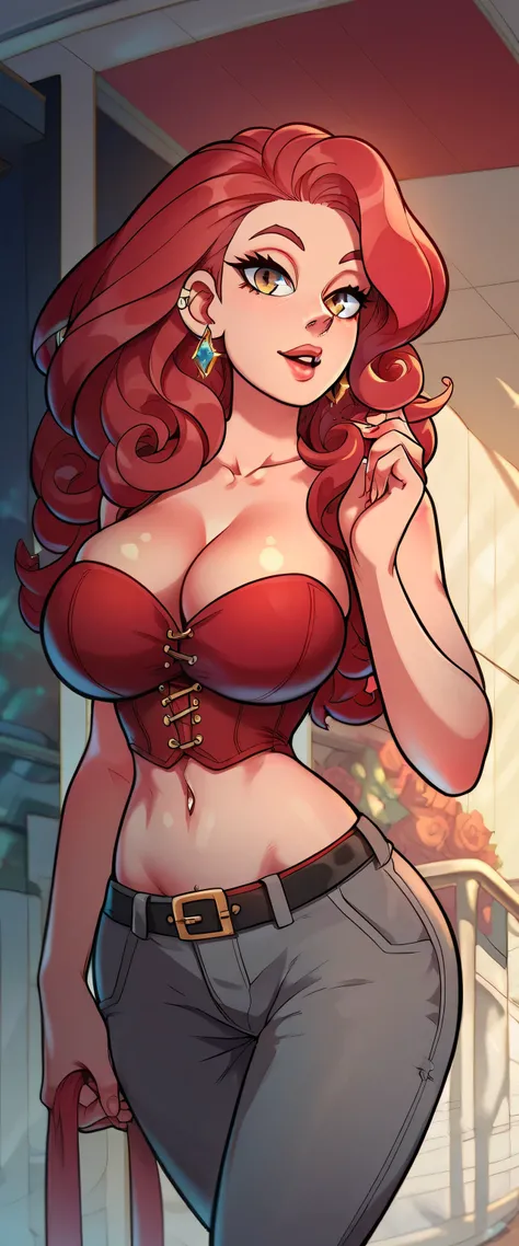  A beautiful woman Bella big breasted sexy sexy sexy red hair shiny wavy curly long straight her eye light red long eyelash dresses red corset top shows navel and dark gray pants black belt black heel gold ear earring