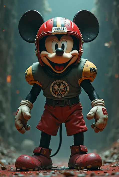 MICKEY MOUSE WITH AN EVIL FACE, CHARACTERIZED AS A LINEMAN AMERICAN FOOTBALL PLAYER, With helmet, SHOULDER PADS AND WITH AMERICAN FOOTBALL SHOES AND WITH PUMAS COAT OF ARMS FROM THE UNAM, bottomless