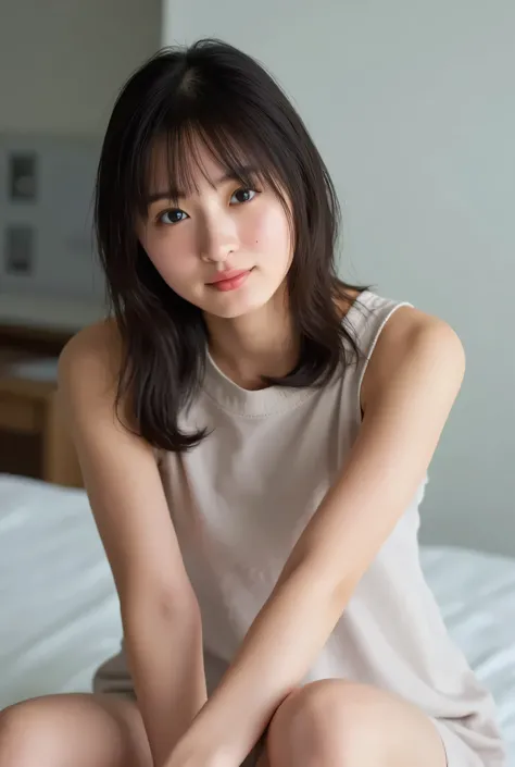 (((Attractive naked with white skin:1.5))),NSFW, ALL naked、 small breasts,small nipples,areola ,pubic hair, On a hotel bed , A nude photo of 20 year old cute Japanese woman ,(((nude photo))), (( very accurate anatomy :1.0)), (photo Realistic:1.4), (hyper R...